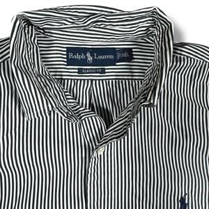 Ralph Lauren Button Shirt Mens 16 L Blue Pinstripe Oxford Preppy Dressy Work